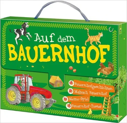 Coperta cărții "Kinderkoffer - Auf dem Bauernhof: Bauernhofgeschichten - Malbuch Bauernhof - Memo-Spiel - Bauernhof-Poster" de autor necunoscut